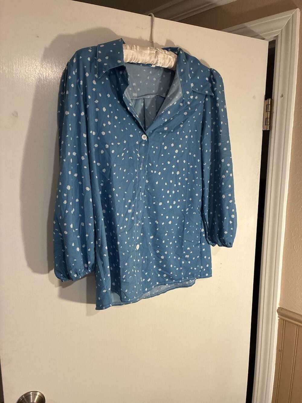 Blue and White Spotted Print Collared Button-Down Blouse